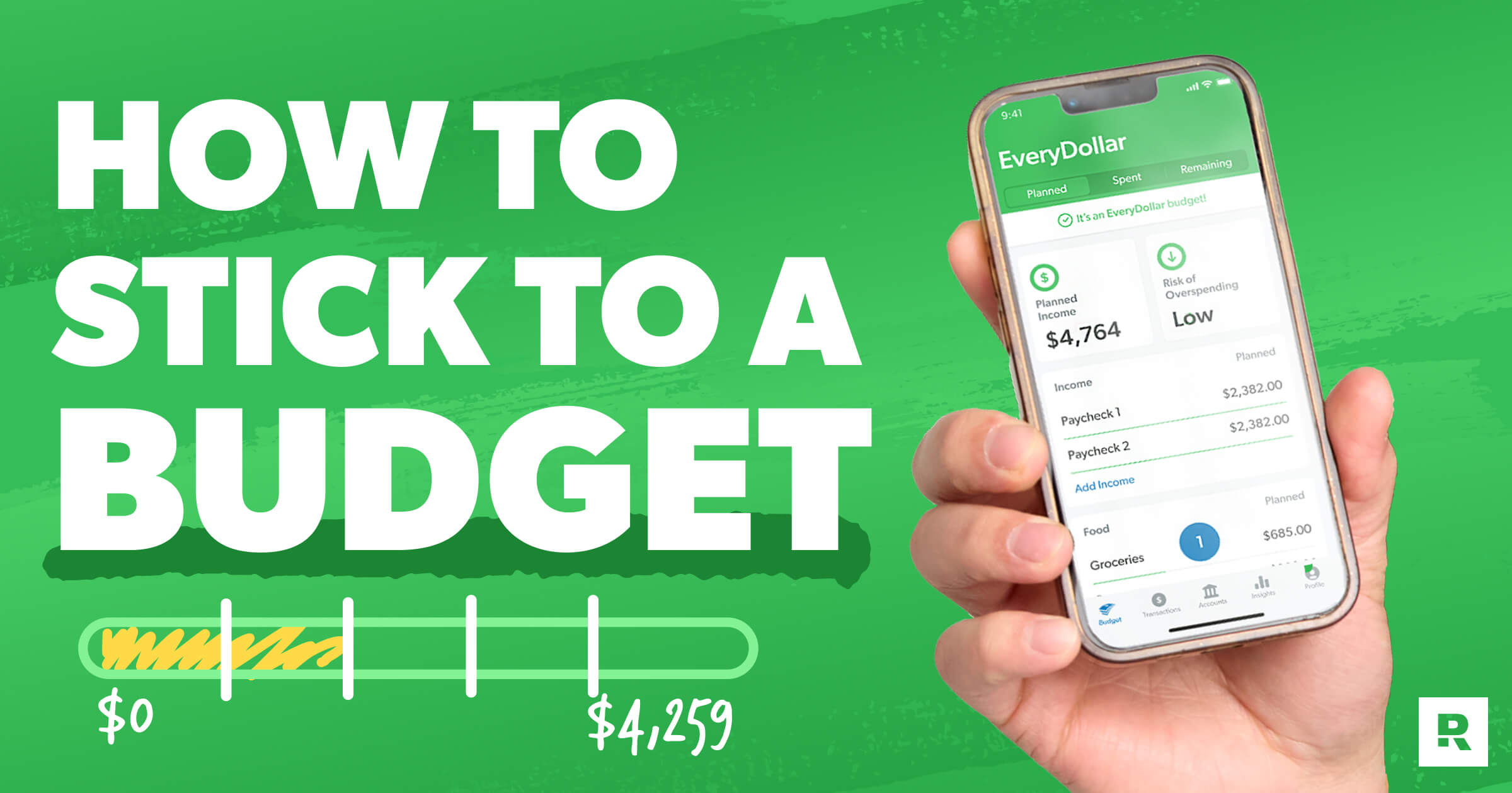 How to Stick to a Budget; hand holding phone with EveryDollar budget app on screen