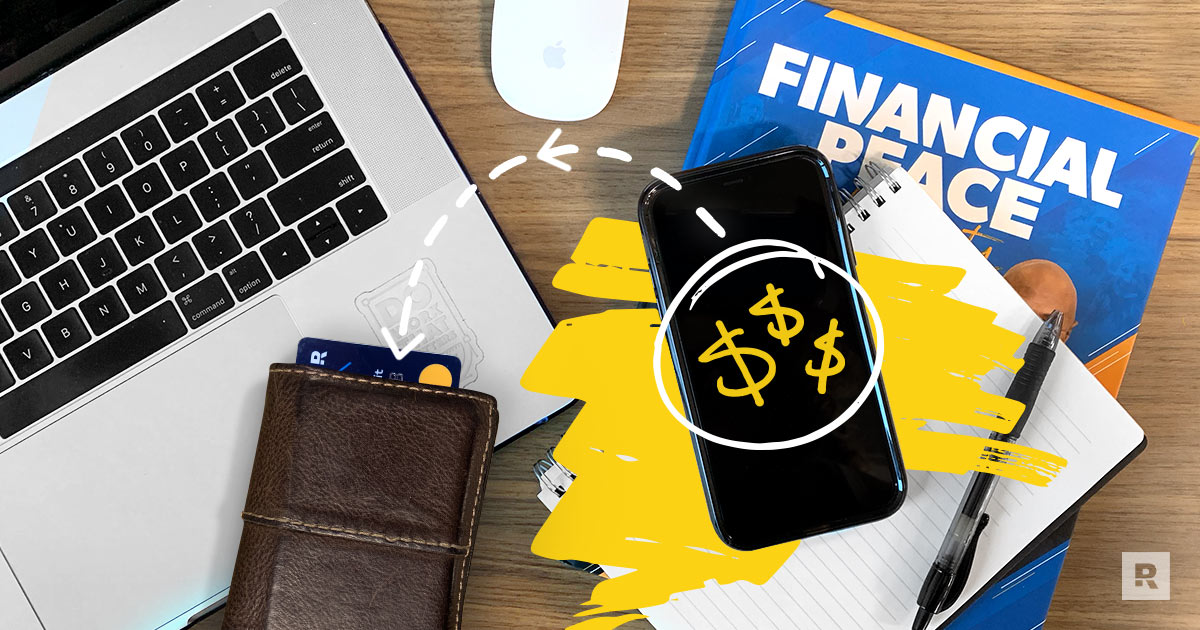  A cell phone with an arrow pointing to a debit card sticking out of a wallet.