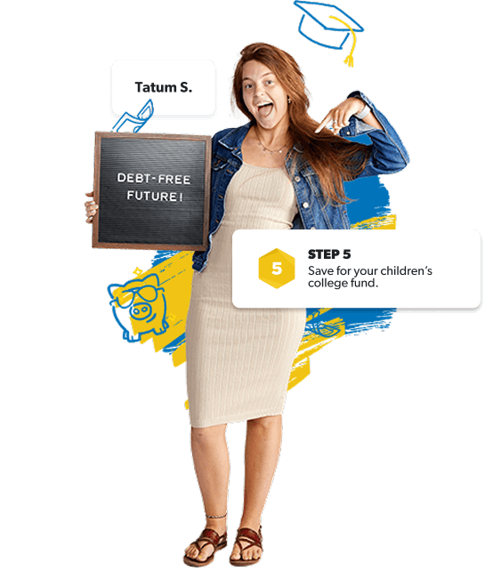 Excited student points to a ‘Debt-Free Future!’ sign—headed to college paid in full, no loans needed.