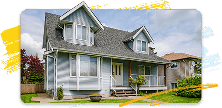 A light blue house with brush strokes around it