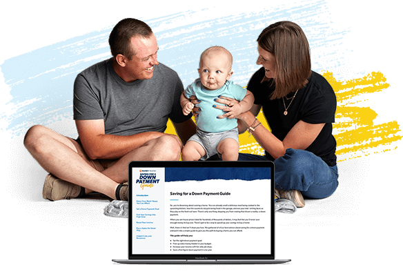 RamseyTrusted Fans Matt and Sarah M. with their baby and the down payment guide on a laptop