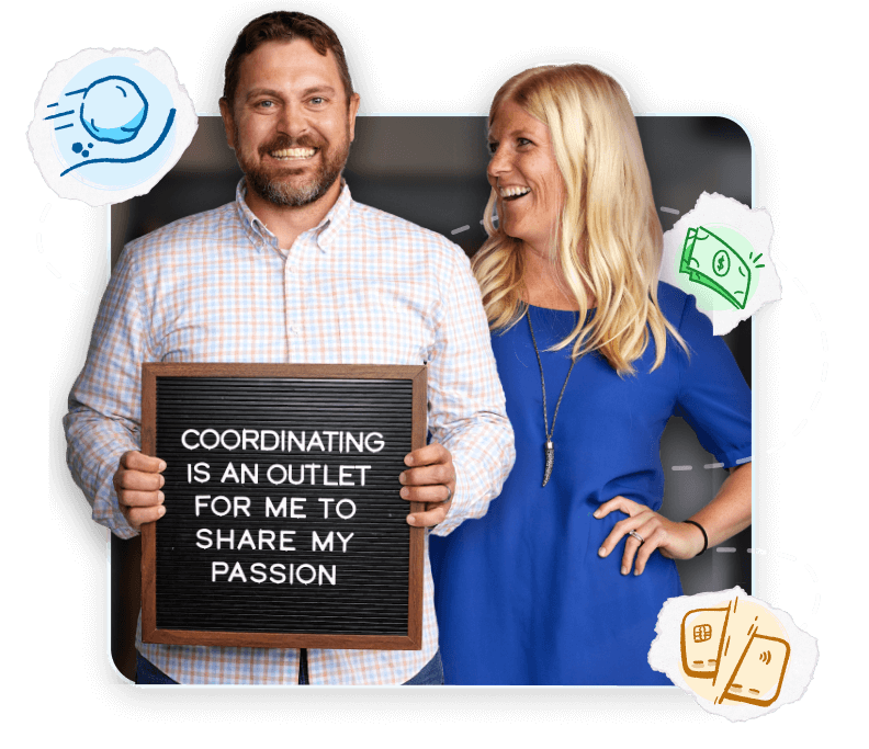 Past class coordinators smiling and holding a sign that says "Coordinating is a outlet for me to share my passion"